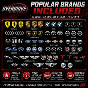 Könnte beinhalten: Eine digitale Grafik mit dem Text POPULAR BRANDS INCLUDED und BADGES FOR CUSTOM DIECAST PROJECTS. Sie zeigt ein Raster verschiedener Automobilhersteller-Logos, darunter Ferrari, Porsche, BMW, Mercedes-Benz, Audi, Lamborghini, Toyota, Nissan, Honda, Ford, Chevrolet, Dodge, Subaru, Volkswagen, Mazda, Alfa Romeo, Jaguar, Aston Martin, Cadillac, Tesla, McLaren, Mini, Bentley und Buick.