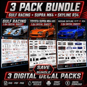 Peut inclure: Un lot de 3 planches de décalcomanies numériques à l'échelle 1:64 comprenant des designs Gulf Racing, Toyota Supra MK4 et Nissan Skyline GT-R R34. L'ensemble inclut des fichiers SVG, PDF et PNG pour décalcomanies à l'eau, en téléchargement.