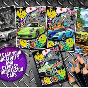 May include: A collection of car-themed art prints and a tablet displaying a car illustration, set against a textured metal background. The prints feature various car models with graffiti-style art. A purple circle with white text reads "Unleash Your Creativity and Express Your Passion Cars."