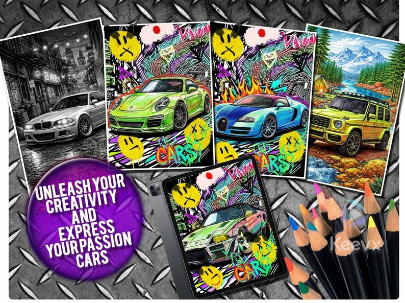 May include: A collection of car-themed art prints and a tablet displaying a car illustration, set against a textured metal background. The prints feature various car models with graffiti-style art. A purple circle with white text reads "Unleash Your Creativity and Express Your Passion Cars."