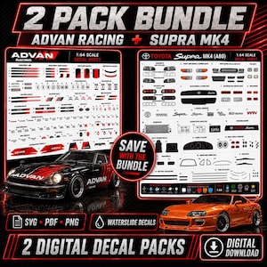 May include: A 2-pack bundle of 1:64 scale digital decal sheets for model cars, featuring Advan Racing and Toyota Supra MK4 designs. Includes SVG, PDF, and PNG files for waterslide decals, showcasing various car graphics, logos, and detailed vehicle parts.