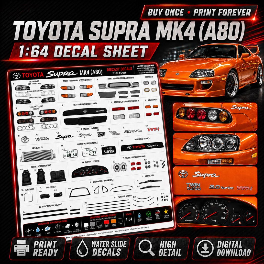 Supra Graphics 1:64 Supra MK4 Style Waterslide Decals, Printable SVG PDF PNG Diecast ...