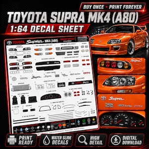 Op de afbeelding: Oranje Toyota Supra MK4 (A80) 1:64 schaal decalvel. Bevat diverse decals voor de buiten- en binnenkant van de auto, zoals koplampen, achterlichten en badges. Met de tekst "KOOP EEN KEER • PRINT VOOR ALTIJD".