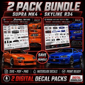 May include: A 2-pack digital bundle of 1:64 scale waterslide decal kits for a Toyota Supra MK4 and a Nissan Skyline R34. Includes SVG, PDF, and PNG files featuring various car emblems, headlights, taillights, and dashboard gauge graphics.