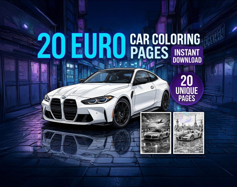 20 Euro Performance Car Coloring Pages – BMW, Audi, Porsche (Digital Download) image 1