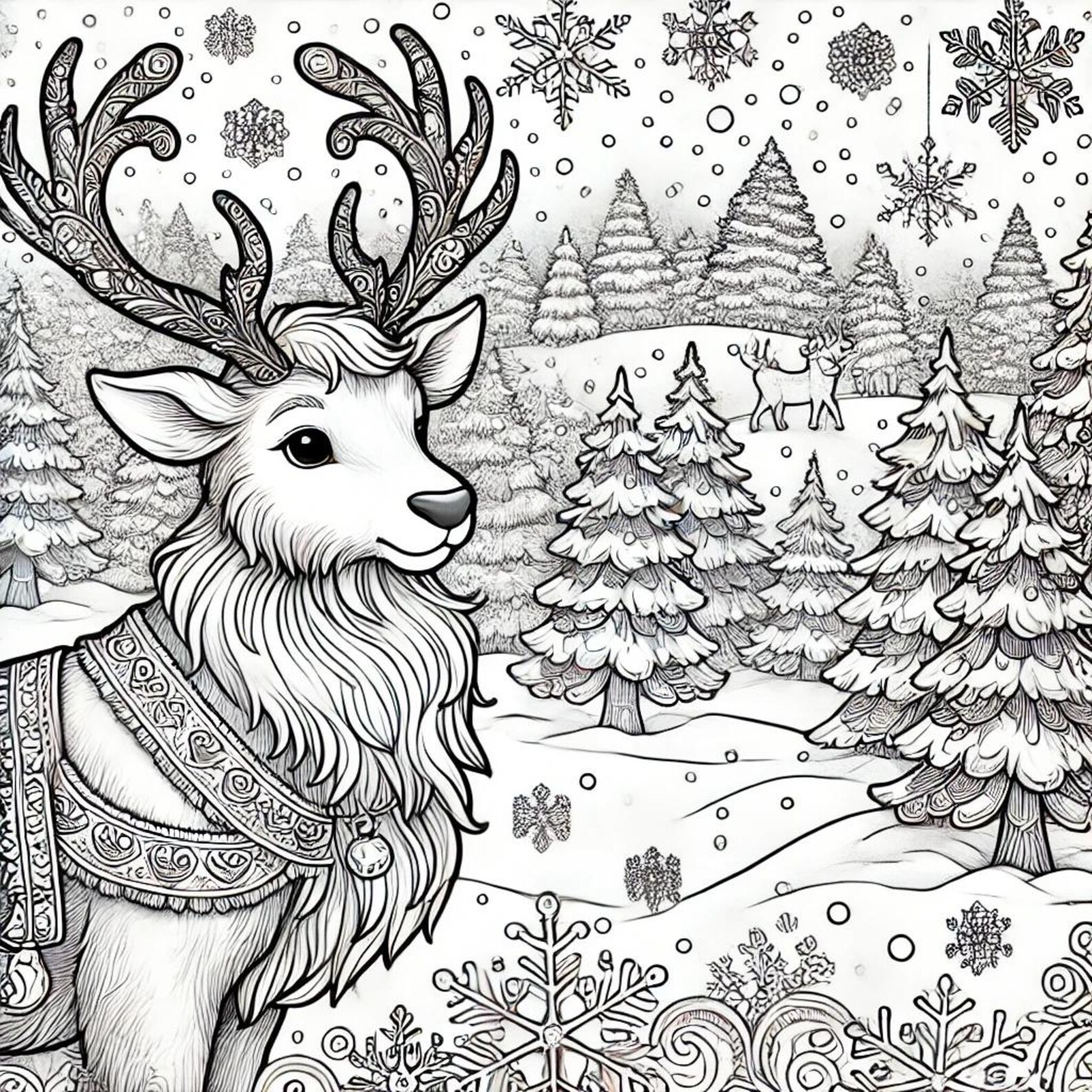Winter Wonderland Reindeer Adult Coloring Page Christmas-themed Printable Art for Relaxation and ...