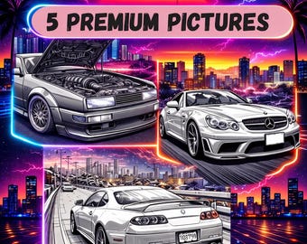 Car Culture Coloring Pages: 5 Mixed Car Designs (Digital Download)