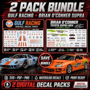 May include: A 2-pack digital decal bundle featuring Gulf Racing and Brian O'Conner Toyota Supra MK4 designs. Includes printable SVG, PDF, and PNG files for 1:64 to 1:24 scale models, showcasing racing liveries, logos, and detailed graphic elements.