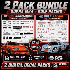 May include: A 2-pack digital bundle of 1:64 scale waterslide decal kits for a Toyota Supra MK4 and Gulf Racing car. Includes SVG, PDF, and PNG files featuring detailed automotive graphics, logos, and racing stripes for model car customization.