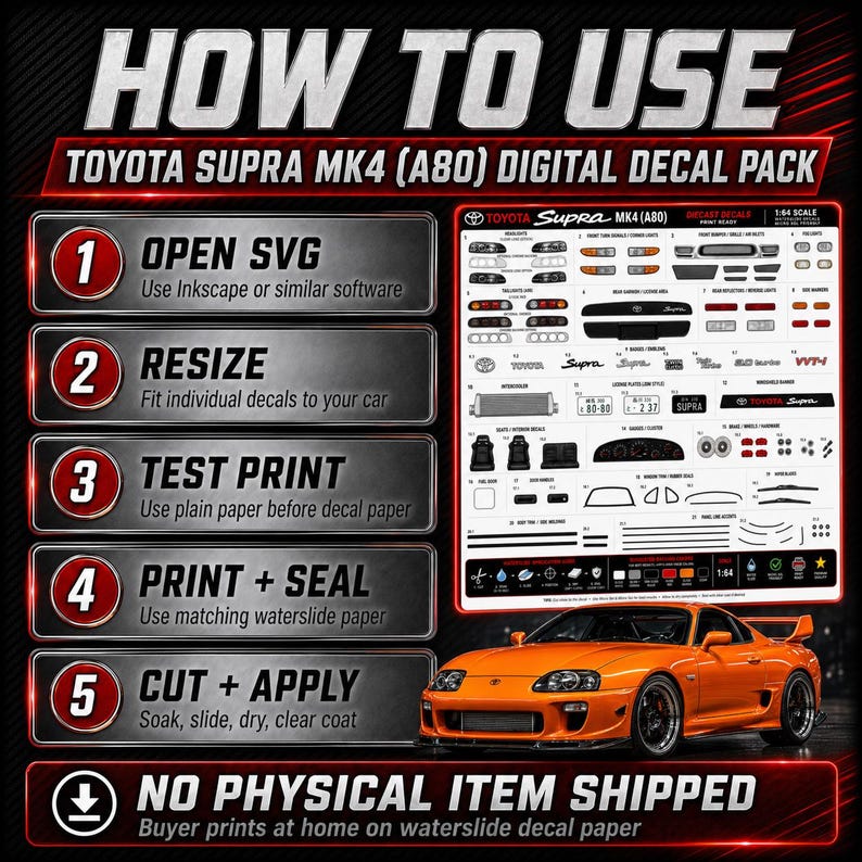 Supra Graphics 1:64 Supra MK4 Style Waterslide Decals, Printable SVG PDF PNG Diecast ...