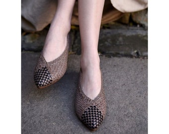 Hand-woven women's shoes single shoes women's pointed toe genuine leather flat grandma shoes