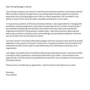 May include: A cover letter template with a professional design. The letter is addressed to a hiring manager and outlines the applicant's qualifications and experience for an executive assistant position.