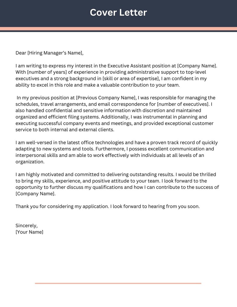 May include: A cover letter template with a professional design. The letter is addressed to a hiring manager and outlines the applicant's qualifications and experience for an executive assistant position.