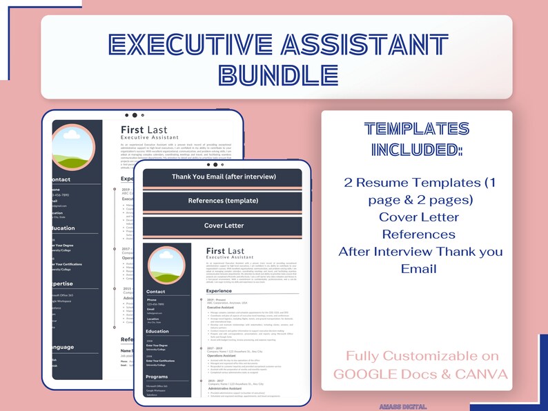 May include: A digital illustration of a tablet screen displaying a resume template for an Executive Assistant. The template is customizable on Google Docs and Canva. The image includes a list of templates included in the bundle: 2 resume templates, a cover letter, references, and a thank you email.