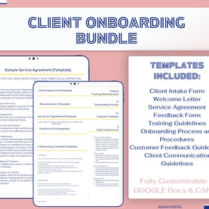 Peut inclure: Un ensemble de marketing numérique pour l'intégration des clients, comprenant des modèles de formulaires de prise de contact, de lettres de bienvenue, de contrats de service, de formulaires de commentaires, de directives de formation, de processus d'intégration, de directives de commentaires clients et de directives de communication client. Les modèles sont entièrement personnalisables sur Google Docs et Canva.
