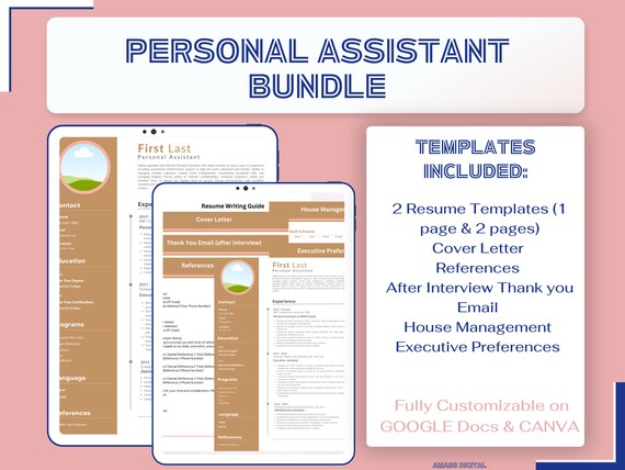Personal Assistant Resume Bundle  |  Fully Customizable on CANVA