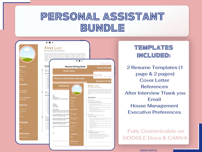 Pode incluir: Um pacote de produtos digitais para assistentes pessoais, incluindo dois modelos de curr&iacute;culo, uma carta de apresenta&ccedil;&atilde;o, refer&ecirc;ncias, um e-mail de agradecimento, um modelo de gest&atilde;o de casa e um modelo de prefer&ecirc;ncias executivas. Os modelos s&atilde;o totalmente personaliz&aacute;veis no Google Docs e Canva.