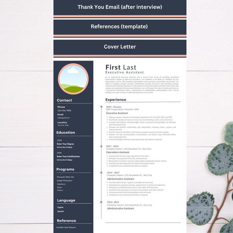 May include: A black and white resume template with a green and blue landscape illustration. The resume is for First Last, Executive Assistant. The resume includes contact information, education, experience, programs, language, and references.