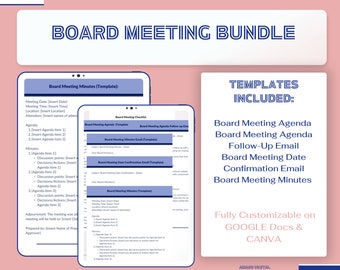 Board Meeting Templates  Bundle   |   Meeting Minutes Template  |  Instant Download  |  Fully Customizable GOOGLE Docs & CANVA