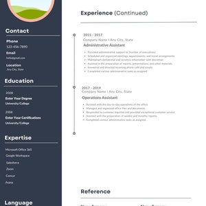 May include: A resume with a simple design, featuring a light blue background and a white text. The resume includes contact information, education, experience, expertise, language skills, and references. The resume is for a candidate with experience as an Administrative Assistant and Operations Assistant.