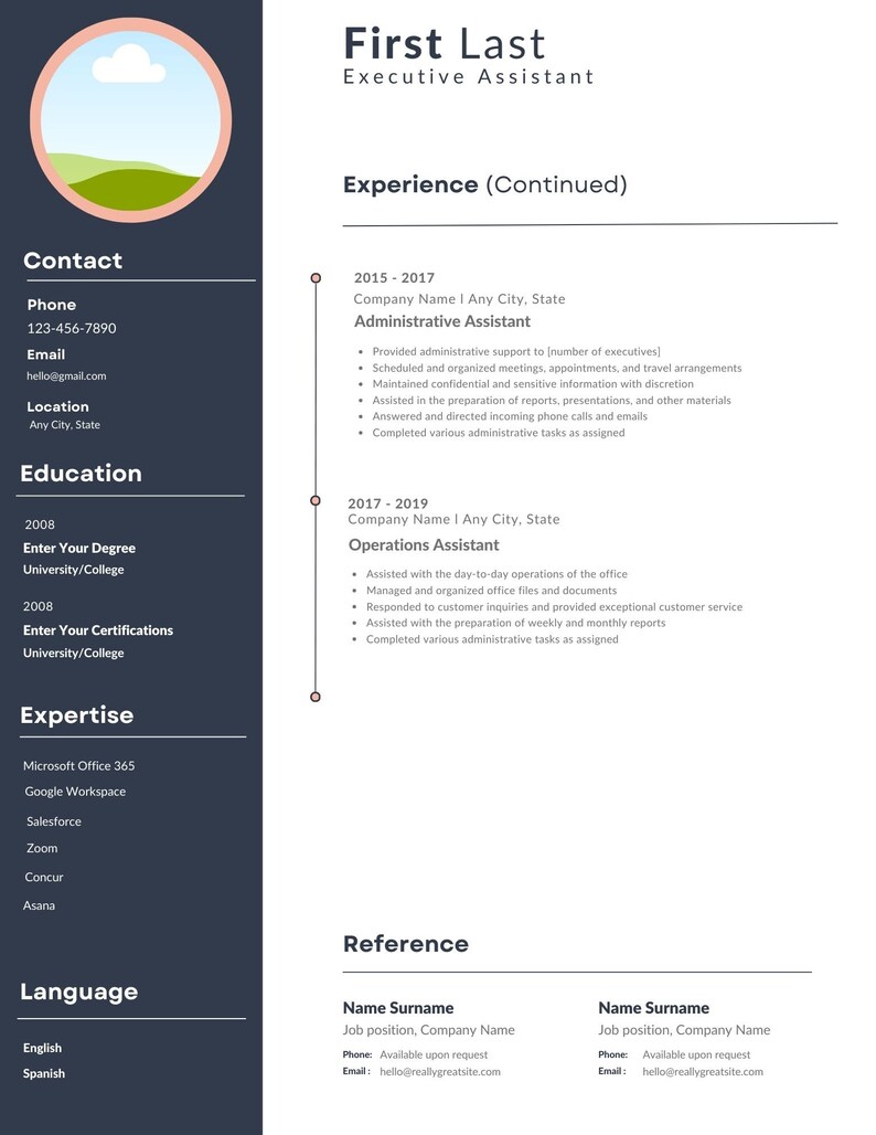 May include: A resume with a simple design, featuring a light blue background and a white text. The resume includes contact information, education, experience, expertise, language skills, and references. The resume is for a candidate with experience as an Administrative Assistant and Operations Assistant.