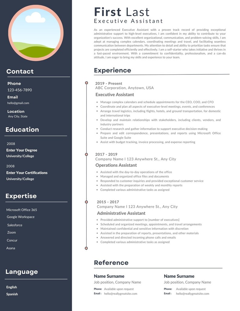 May include: A black and white resume with the name First Last at the top. The resume lists work experience, education, skills, and contact information.
