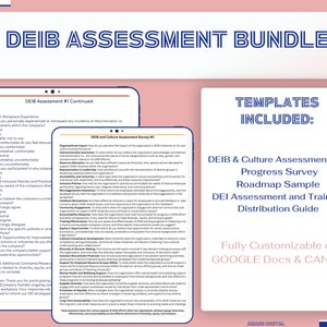 May include: A pink and white digital document with the title "DEIB Assessment Bundle" and a list of templates included: DEIB & Culture Assessments (3), Progress Survey, Roadmap Sample, DEI Assessment and Training, Distribution Guide. The document is fully customizable on Google Docs & Canva.