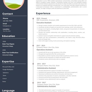 May include: A resume with a dark blue background and white text. The resume is for a candidate named First Last, who is applying for an Executive Assistant position. The resume includes contact information, education, experience, expertise, and language skills.