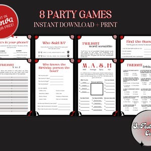 Könnte beinhalten: Ein Set aus acht druckbaren Partyspielen zum Thema Twilight mit schwarzem und rotem Text auf weißem Hintergrund. Die Sammlung umfasst What's in Your Phone, Who Said It, Twilight Word Scramble, Find the Guest, Twilight A to Z, Who Knows the Birthday Person the Best, M.A.S.H und Twilight Trivia. Jedes Spielblatt enthält Anleitungen und ausfüllbare Bereiche.