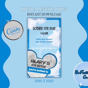 May include: Digital invitation with a blue sky background. The invitation includes the text "OCTOBER 13TH 20XX" and "7:00PM". It also says "HILARY'S 30TH BIRTHDAY you're invited to". The invitation is 1080 x 1920 pixels.