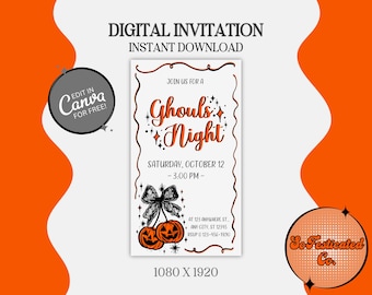 Vintage Coquette Halloween Invitation | Girly Ghouls Night Canva Template (Digital Download)