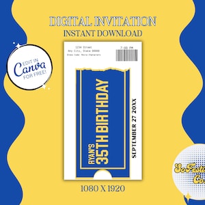 May include: A digital birthday invitation with a blue and yellow design. The invitation features the text "Ryan's 35th Birthday" and "September 27 20XX". The invitation is available for instant download and can be edited in Canva for free.