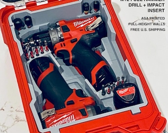 May include: A red Milwaukee Packout organizer containing a custom grey insert for an M12 Fuel hammer drill and impact driver. The insert features full-height walls and slots for drill bits. Text reads: CUSTOM PACKOUT ORGANIZER M12 FUEL HAMMER DRILL + IMPACT INSERT ASA PRINTED FULL-HEIGHT WALLS.