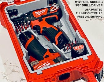 May include: A red and gray custom Packout organizer containing a Milwaukee M12 Fuel Surge and a 3/8 inch drill/driver. The interior features ASA printed full-height walls with dedicated slots for the tools, a battery, and various drill bits.