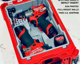May include: A red Milwaukee Packout organizer containing a custom grey ASA printed insert with full-height walls. The insert holds an M12 Fuel drill, an impact driver, a battery, and multiple drill bits. Text reads: CUSTOM PACKOUT ORGANIZER M12 FUEL DRILL + IMPACT INSERT ASA PRINTED FULL-HEIGHT WALLS.