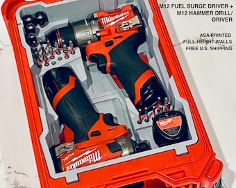 May include: A red Milwaukee Packout organizer with a custom grey insert holding an M12 Fuel Surge driver, an M12 hammer drill, and various drill bits. The text reads: CUSTOM PACKOUT ORGANIZER, M12 FUEL SURGE DRIVER + M12 HAMMER DRILL/DRIVER, ASA PRINTED FULL-HEIGHT WALLS.