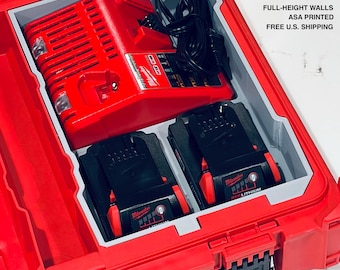May include: A red Milwaukee Packout organizer containing a red M12 M18 charger and two black Redlithium batteries. The insert features full-height walls and is ASA printed. Text reads: CUSTOM PACKOUT ORGANIZER, M12 M18 CHARGER AND BATTERY ORGANIZER.