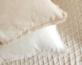 Frayed Fringe Linen Cushion Covers, White, Cream, Olive Decorative Cushion Cover, Square Thrown Pillow Case