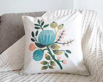 Floral Cushion Cover, Teal Blue Flower Decorative Cushion Cover, Square Throw Pillow Case