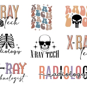 Puede incluir: Colección de diseños gráficos con temática médica. Los diseños incluyen las palabras "X-Ray Tech", "Radiology" y "X-Ray Technologist" en varias fuentes y colores, junto con una mano de esqueleto, caja torácica y calavera.