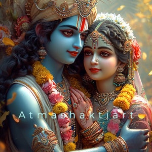 Krishna & Radha Art: Spiritual Love Painting, Hindu Home Decor