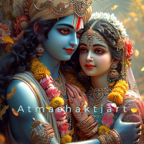 Krishna & Radha Art | Spiritual Love Painting | Hindu Divine Couple | Home Decor | Lord Krishna | goddess Radha