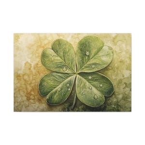 Canvas Print, Four-Leaf Clover Art Wall Decor, Stretched Matte Canvas, 1 25", Lucky Shamrock Painting, Home Office Decoration