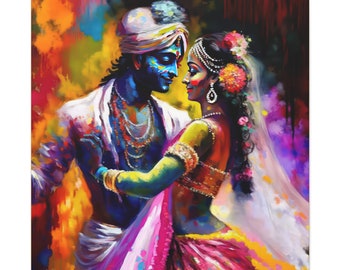 Krishna and Radha playing Holi ,Lord Krishna Art, Lord Krishna Painting, Lord Krishna Wall Art, Home Decor Art, Hindu Art, Indian Painting