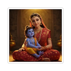 May include: A digital illustration of a woman and a child. The woman wears a red sari and gold jewelry. The child has blue skin and yellow clothing. They are seated on a red cushion. The background is a warm, golden hue.