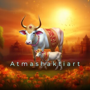 Kaamdhenu cow | Sacred cow and calf | Divine art | Lucky art | Hinduism | Digital print | Instant Download