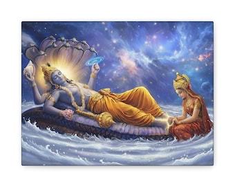 May include: A vibrant canvas print depicts a celestial scene. A deity in gold garments reclines on a serpent, holding a conch shell and a lotus flower. A female figure in red and gold sits nearby. The background is a starry sky.