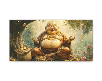 Canvas Painting, Laughing Buddha Lucky Art, Stretched Matte Wall Art Decor, Zen Meditation Home Decor, Unique Gift for Yoga Lovers, Positive