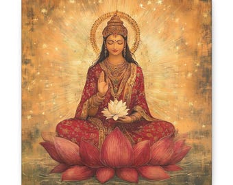 May include: A painting of a Hindu goddess sitting in a meditative pose on a lotus flower. She is wearing a red and gold sari and has a halo of light around her head. The background is a golden color with a pattern of stars.