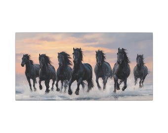 Canvas Print, 7 Black Horses Running in Water  Art, Wall Art Decor, Horse Lover Gift, Home Office Decoration, Animal Artwork, Horse